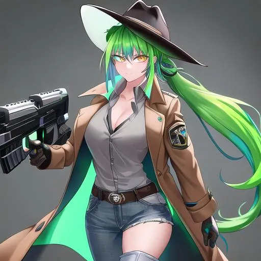 Prompt: She has a long, distinctive neon-green that fades to neon-blue hair in a ponytail, heterochromia eyes, wearing a long brown coat, grey vest, denim pants, black cowboy boots, holding a pistol, wearing a brown sheriff's cowboy hat, 8k, UHD, heavily detailed
