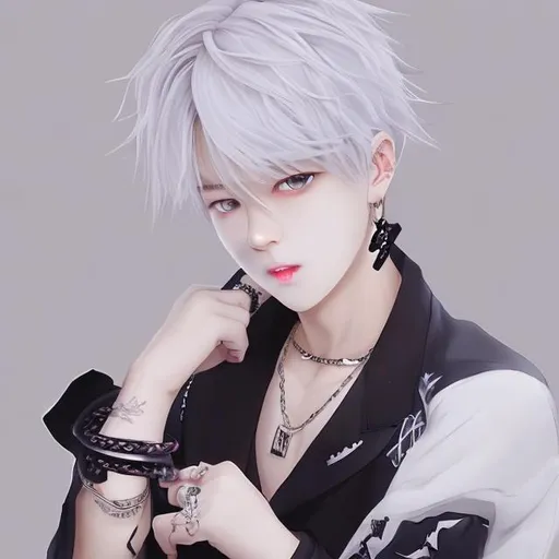 Prompt: k pop style anime jimin white hair and rings