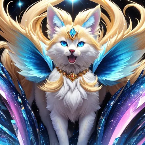 Prompt: (16k, 3D, ultra high definition, full body focus, highly detailed, masterpiece, professional oil painting, best quality), insanely beautiful medium-sized female ((quadruped)) with wind powers, golden-white fur and golden mane, vivid crystal-blue eyes, long blue diamond ears with royal blue and magenta interior, (sapphire sparkling rain), cute fangs, majestic like a wolf, playful like a fox, energetic like a deer, calm and inviting smile, ears of blue point siamese cat, plump, fur speckled with sapphire crystals, fluffy mane, insanely detailed fur, insanely detailed eyes, insanely detailed face, beautifully detailed shading, intricately detailed background, fantasy garden, (sparkling rain), (flower petals), pink and cyan flowers, cherry blossoms, mountains, auroras, pink twilight sky, Yuino Chiri