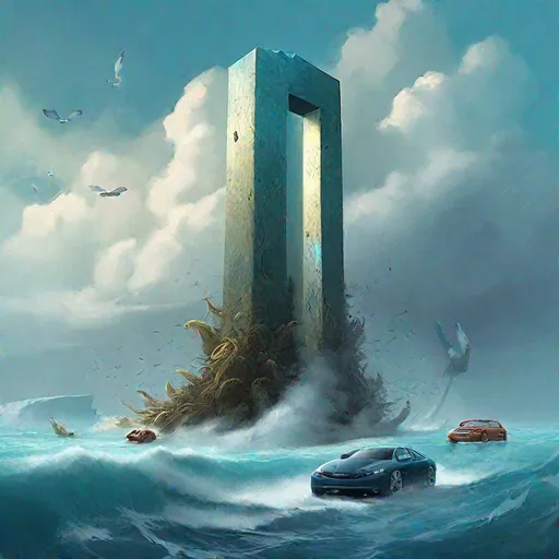 Prompt: Giant Monolith in the middle of the sea, cars, foxes, feathers, power efficient, Azure Ala, Alan wan, Kyle Hill