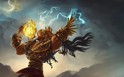 Prompt: a highly detailed illustration of Inca god of sun, muscular, thunderous sky background, intricate, elegant, highly detailed, centered, digital painting, artstation, concept art, smooth, sharp focus, league of legends concept art, WLOP