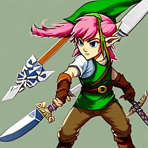 Prompt: legend of zelda a link to the past
link
pink hair
person
holding sword