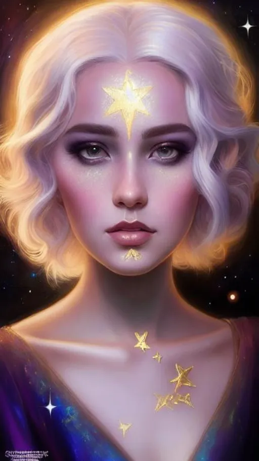 Prompt: A very beautiful woman with hair made of glowing clouds illuminated by the moonlight, freckles shaped as Golden stars, artistic makeup with a metallic iridescent pallette, art by Tom Bagshaw, artgerm, ilya kuvshinov,  Huang Guangjian, Josephine Wall, WLOP, art by Laura Hollingsworth, Andrew Atroshenko, 4k, pretty visuals, aesthetic, artstation, unreal engine, shadow effect, insanely detailed and intricate, highly detailed, shooting stars, iridescent effect to the white clouds.