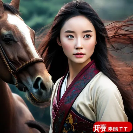 Prompt: professional modeling photo disney mulan as live action human woman hd hyper realistic beautiful chinese warrior black  hair fair skin brown eyes beautiful face female warrior jade jewelry enchanting
riding horse through countryside hd background with live action realistic horse and dragons