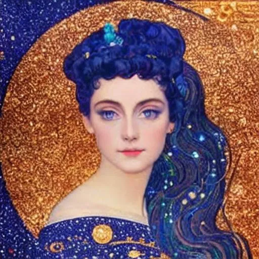 Prompt: A night sky, with a beautiful female Gemini zodiac sign staring in to the void, pretty blue eyes, perfect proportions, perfect symmetry,  red and bronze tints, style by Gustaf Klimt 