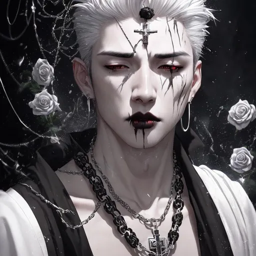 Prompt: handsome male, black hair ,damaged eyes, upset, blind closed eyes, dark lips, face damaged, silver earrings, rosary with roses,monk outfit white,in a mountain temple, prayer appoitment, scars on the body, chains, ultra hd, 64k, artstation, digital art, particles, volumetric lighting, realistic, high quality, unreal engine 4, hd render