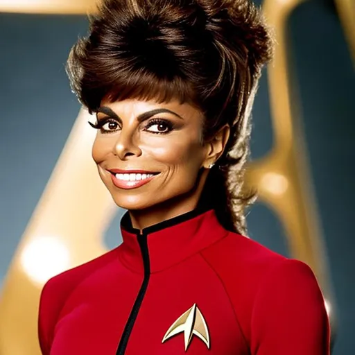 Prompt: A portrait of Paula Abdul, wearing a Starfleet uniform, in the style of "Star Trek the Next Generation."