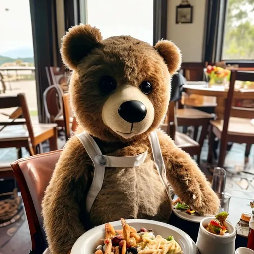 Prompt: a teddy sitting on a chair at a table of food near a helicopter