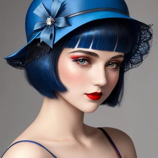 Prompt: a pretty girl  dressed in blue,  flapper, wearing a  large red hat 1920's era, bob hair cut, 1920's era makeup, facial closeup