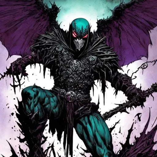 Prompt: Spawn inspired god of men. Dark Teal and purple. Very Dark gritty detailed imperfect. Crow villain. Heist. Evil eyes. Injured. Bloody. Brutal. Evil