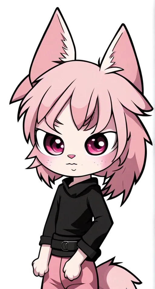 Prompt: Pink punk hair, pink fennec fox, black pink eyes, with a black eyepatch on the right eye with a pink heart shape on the black eyepatch, with pink cheeks, dark brown long sweater with sleeves, black pants with a black belt