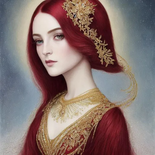 Fantasy queen with long crimson hair and a beautiful gown. golden