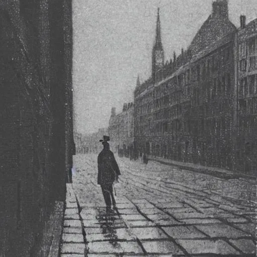 Prompt: A man taking a stroll on a dark night in a black coat in London mid 1800s