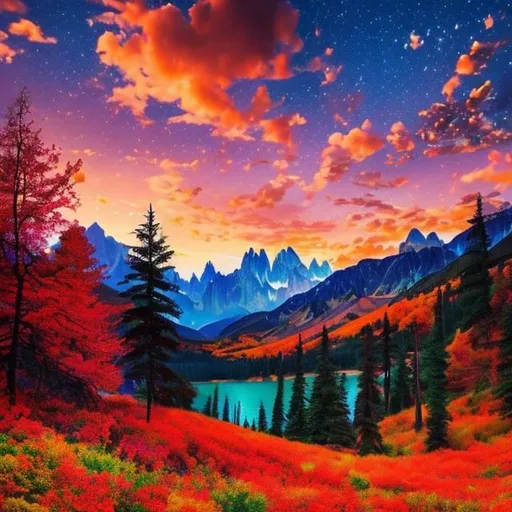 Prompt: beautiful landscape with big mountains, sunset, stars, colorful trees, high quality.