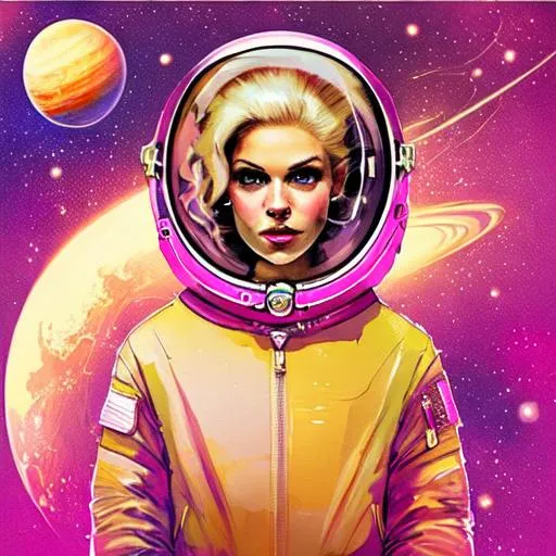 Prompt: 50's blonde wearing a retro pink space suit, on saturn