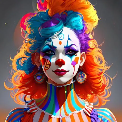 A beautiful woman in a colorful clown outfit. Clown... | OpenArt