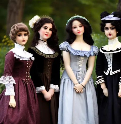 Prompt: A collection of porcelain dolls that very realistic looking, styled as young Iraqi, Mexican, and Asian woman. They are all wearing victorian dresses.