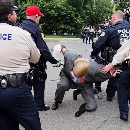 Prompt: Trump in handcuffs getting arrested by police. Trump is crying while a crowd of hillbillies scream angrily