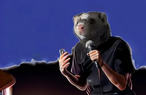 Prompt: Watercolor ferret holding a microphone
