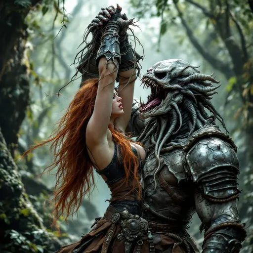 Prompt: Keith Parkinson-style fantasy setting. (Female Barbarian) ((long tousled red hair)) with stream and forest tones leather armor. Lifts a cruel looking bone demon in the air by the neck, strangling it. Violent battle scene. Highly detailed. 4k resolution.
