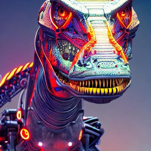 Prompt: portrait of a robotic, neon dinosaur with perfect composition, hyperrealistic, super detailed, 8k, high quality, trending art, trending on artstation, sharp focus, studio photo, intricate details, highly detailed