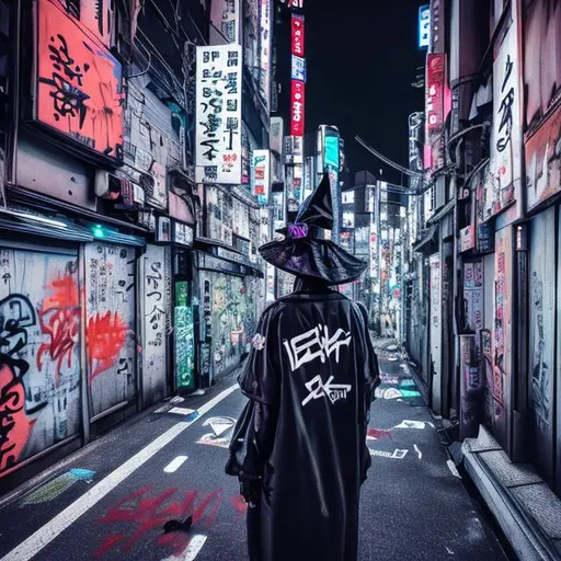 Prompt: Night in cyber punk tokyo with graffiti and black cats with witch hat 

