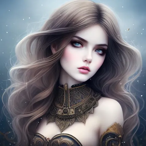 Prompt: a beautiful girl. standing in an apocalyptic world. crows roaming all around. fine detailed face. cute beautiful symmetrically accurate face. perfect body. wearing a dress with deep visible cleavage. hyperrealistic. 24K. smoke effects. soft colors. hyperrealistic brown hair. hyperrealistic amber eyes, beautiful eyes. fantasy. feminine body