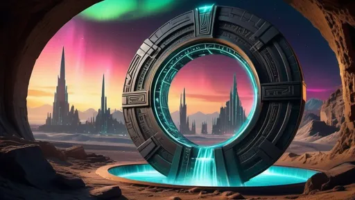 Prompt: magical portal between cities realms worlds kingdoms, circular portal, ring standing on edge, upright ring, freestanding ring, hieroglyphs on ring, complete ring, ancient egyptian architecture, atlantis setting, aurora borealis, panoramic view, dark night, futuristic cyberpunk tech-noir setting