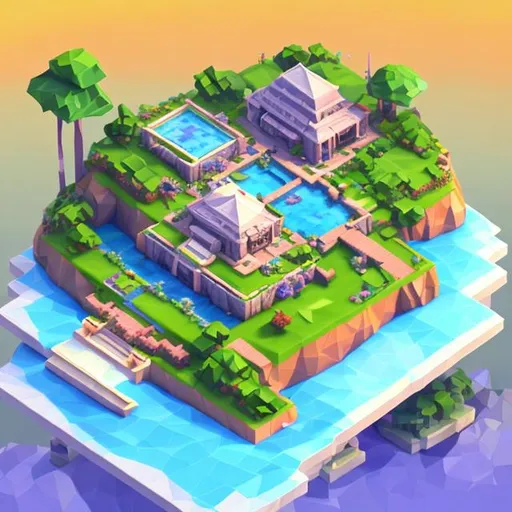 Prompt: 3d low poly isomentric island built by tiles with a pond on it, vibrant, trees, house, flowers, grass, water, blocky top down view top of layout
