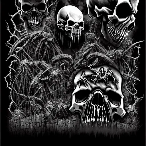 Prompt: vampire style, black and grey, Zombie Horror scenario, maggots, darkness, sinister, black creepy cemetery art cover, 8K, high resolution, skull gore