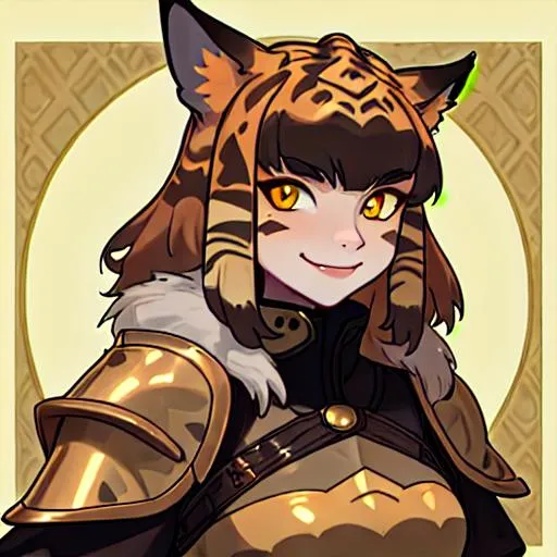 Prompt: A female tabaxi with tortoiseshell patterned fur, wearing leather armor. Her face wears a roguish smile.