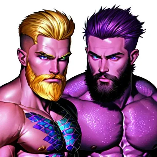 Prompt: hyper-muscular super handsome, full body image, two identical heads atop one solid body, magenta-royal blue-purple skinned alien male teenagers gods, scaly reptilian skin, iridescent colored scales, blonde hair and red sparkly beard, realistic, accurate fine facial features, dynamic, defined, confirmed, conformed, fabulous, gorgeous, cropped beard, bald head, wearing a pair of teal blue speedo swim briefs that are bulging in front, standing on a white sand beach in Hawaii at dusk