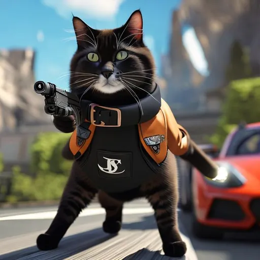 Prompt: A cat wearing spy gear, spy gear, blur the background, a fancy black car in the midground behind the cat, have a gun attached to the side of the cats vest