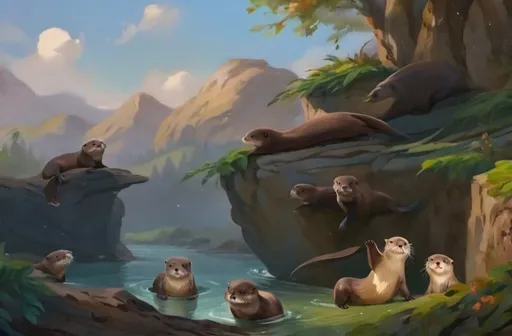 Prompt: Otters playing mischievously