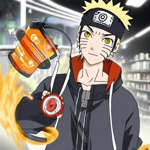 Prompt: naruto wearning headphone and drinking energy drink
