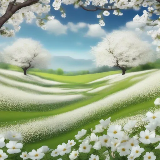 Prompt: White flowers field and blossom tree