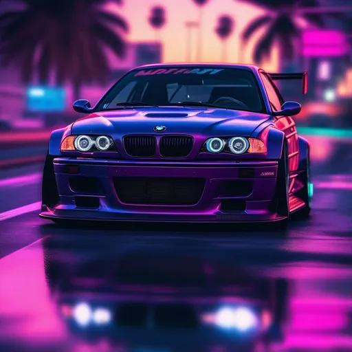 Prompt: 2001 BMW M3 E46 GTR, synthwave, aesthetic cyberpunk, miami, highway, dusk, neon lights, coastal highway, dusk, neon lights, coastal highway, sunset, drift, nurburgring, water on the road, blade runner, 64k, watercolor, macro sharp focus, 8, hyper realistic, cinematic, highly detailed, photoraelistic, clean, action scene