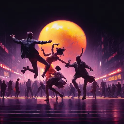 Prompt: dancing people in a perfect composition, hyperrealistic, super detailed, 8k, high quality, trending art, trending on artstation, sharp focus, studio photo, intricate details, highly detailed, cyberpunk, by greg rutkowski