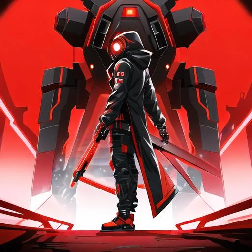 Prompt: Male character, black but red neon gas mask, cyber netrunner hood (black but neon red), neon red Sword In its Back, Red Mecha Cyber Jacket, black jeans, red shoes