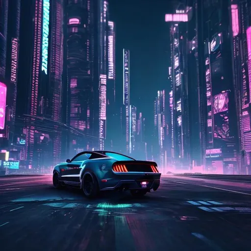 Prompt: cyberpunk style, view from behind, black mustang gt convertible, highway at night, city behind