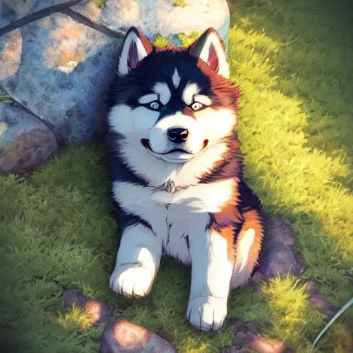 Prompt: Makoto shinkai anime style, vivid colours, HDR, Alaskan Malamute puppy, sleeping,