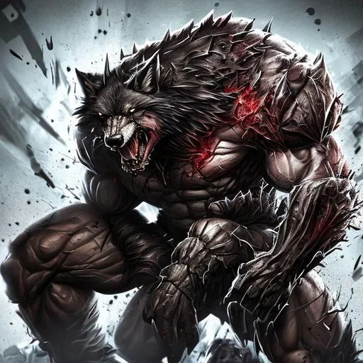 Prompt: ware wolf brutal gruesome blood big muscles
 splash art