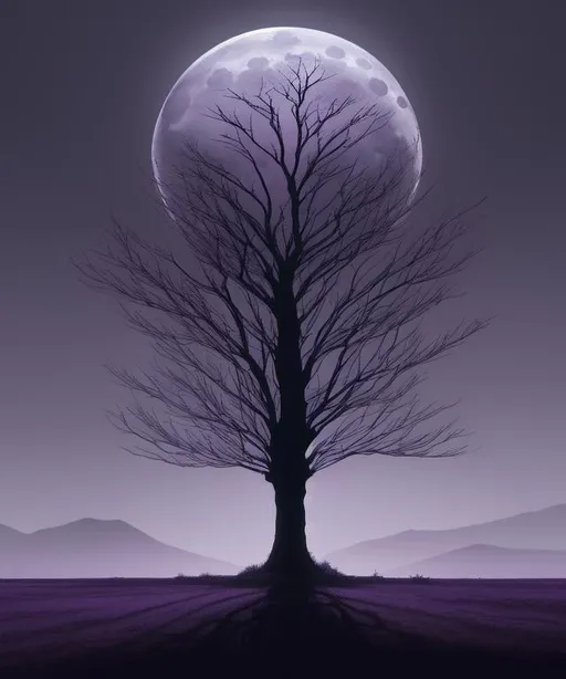 Prompt: Moonlight  illuminating the scene and casting long shadows across the landscape, a lone small tree in the distance, eerie detail. muted color palette blues and purples , sense of foreboding, tranquility of nature,  high contrast, highly detailed, artstation, concept art, smooth, sharp focus, illustration, intricate, elegant, 8K, symmetry, perspective,