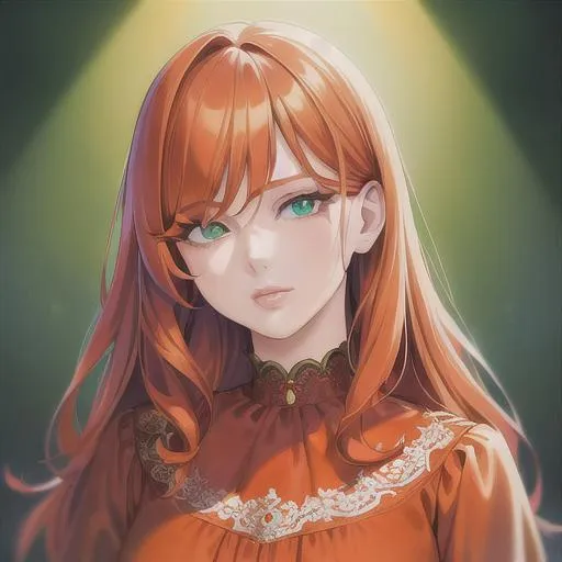 Prompt: (masterpiece, illustration, best quality:1.2), medium orange hair, green eyes, wearing red nightgown, best quality face, best quality, best quality skin, best quality eyes, best quality lips, ultra-detailed eyes, ultra-detailed hair, ultra-detailed, illustration, colorful, soft glow, 1 girl