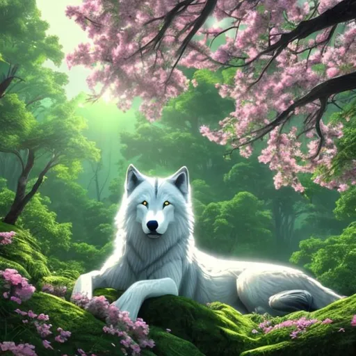 Lush green forest, white wolf laying on a cliff, gre... | OpenArt