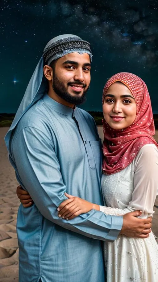 Prompt: Muslim couple, earth, the space, ultra-wide camera, stars, masterpiece, very beautiful, high resolution, detailed, dreamy atmosphere