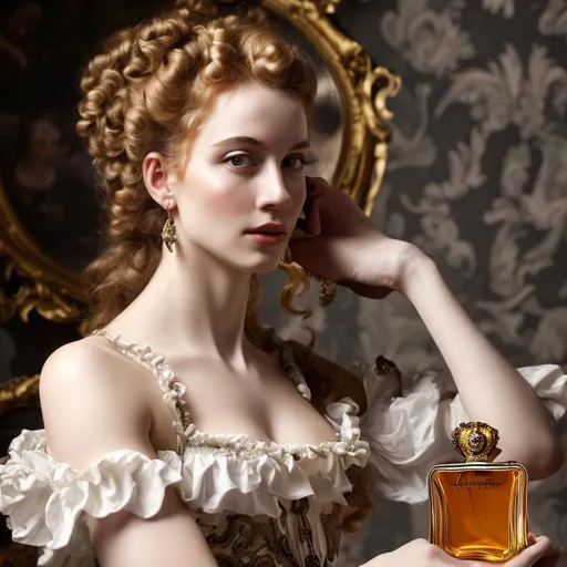 Prompt: A portrait of a  model woman dressed in baroque style posing for a fragrance