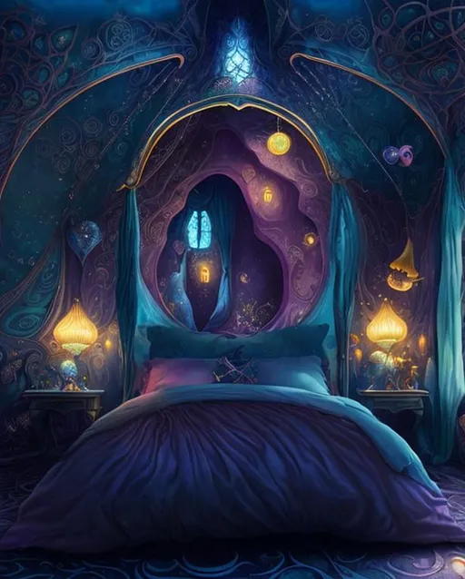 Prompt: A magical sparkling bedroom that makes your dreams true when you sleep. By Gediminas Pranckevicius, Philipp A. Urlich, Laura Hollingsworth, Jacek yerka, Ivan Bilibin, Catrin Welz-Stein. Whimsical, iridescent.