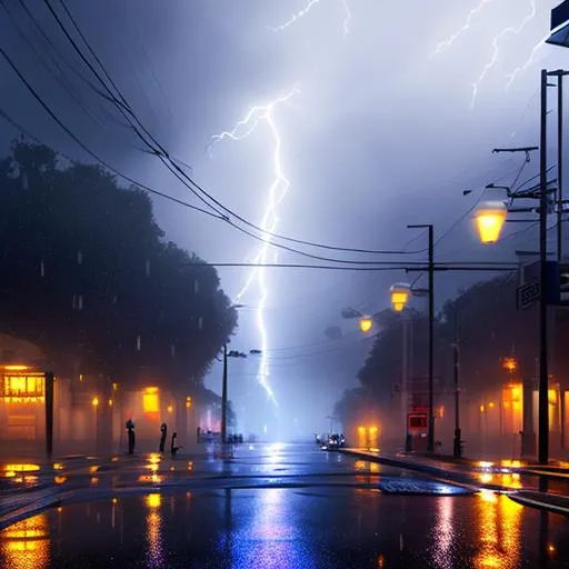 Prompt: ,heavy rain, thunderstorm and lighting, empty street, eerie, hyper detailed, illustration, 4k 8kstreet in suburb, affluent neighborhood, rain, summer, Los Angeles