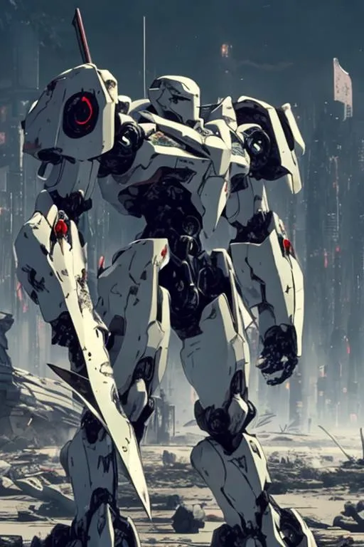 Prompt: A white mecha with sleek but complex armour design holding a long sword and floating weapons surrounding it with a ruined city as background